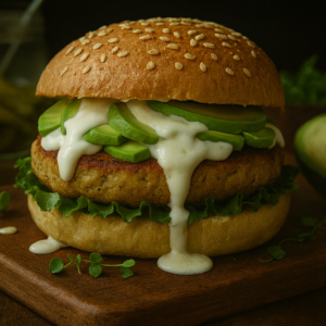 burger savoureux avec lamelles d'avocats surgelées
