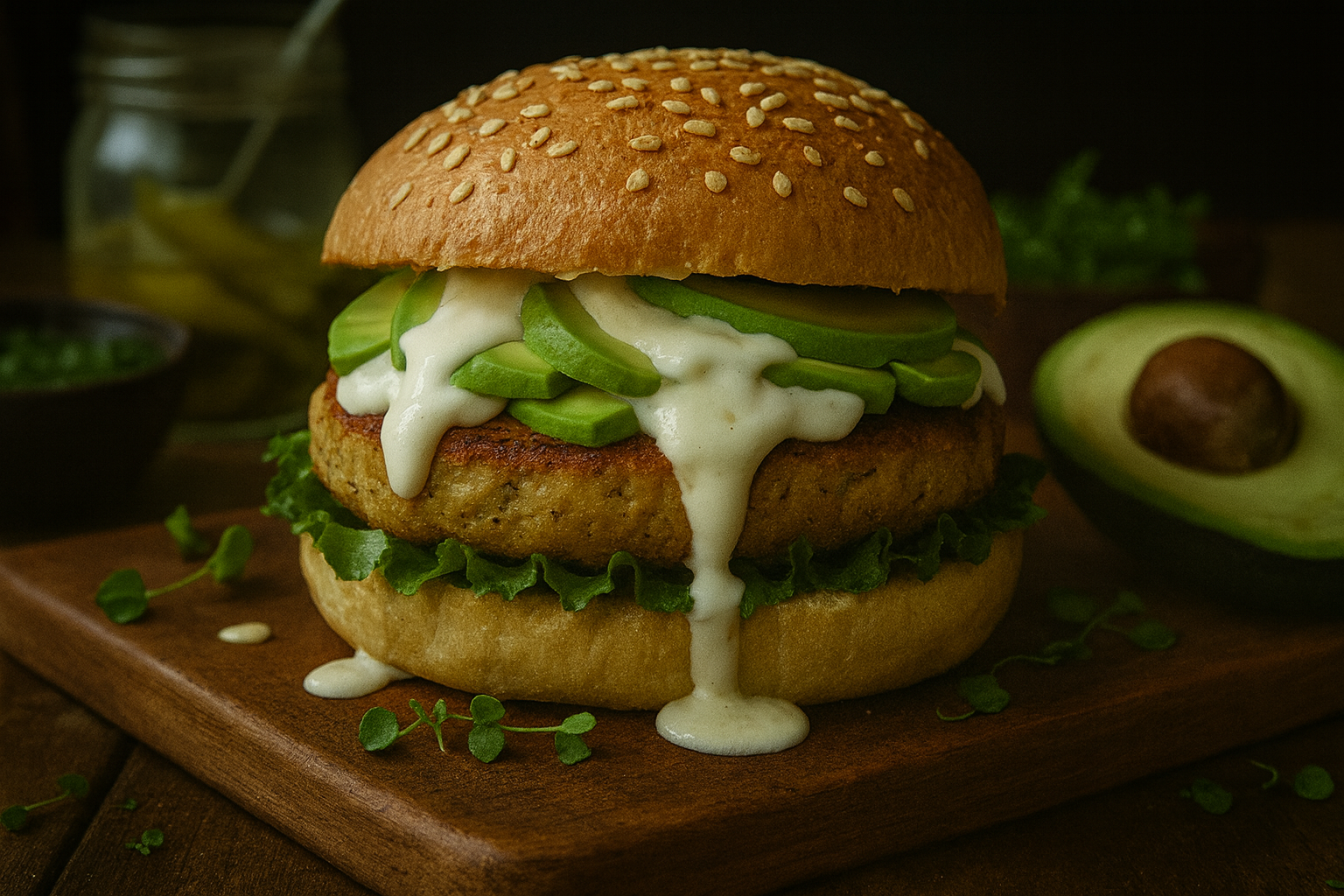 burger savoureux avec lamelles d'avocats surgelées