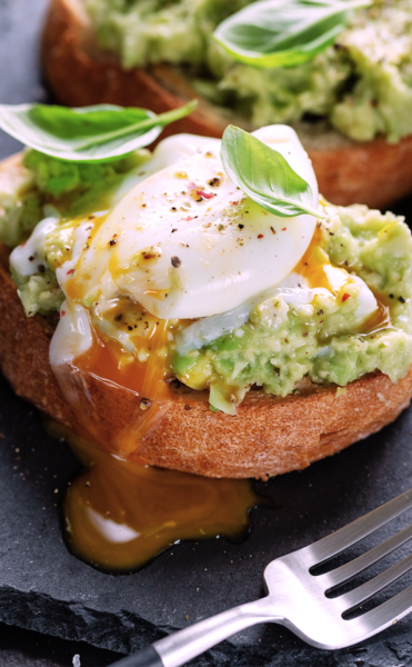 Tartine à la pulpe d’avocat surgelée Patrigel garnie d’un œuf poché, présentation gourmande pour restauration professionnelle