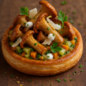 Tarte fine croustillante aux girolles, brunoise de légumes Patrigel et éclats de parmesan