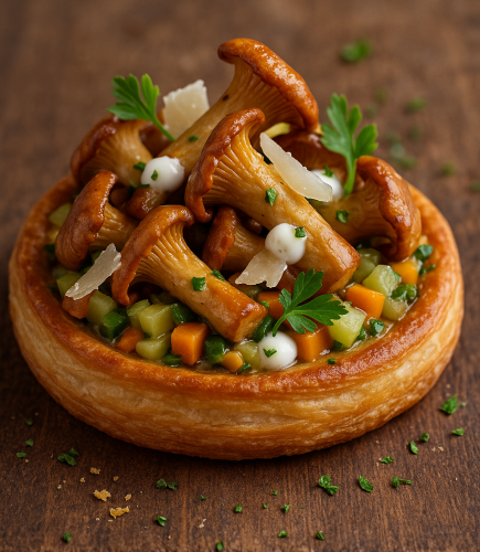 tarte girolles entières et brunoise de légumes
