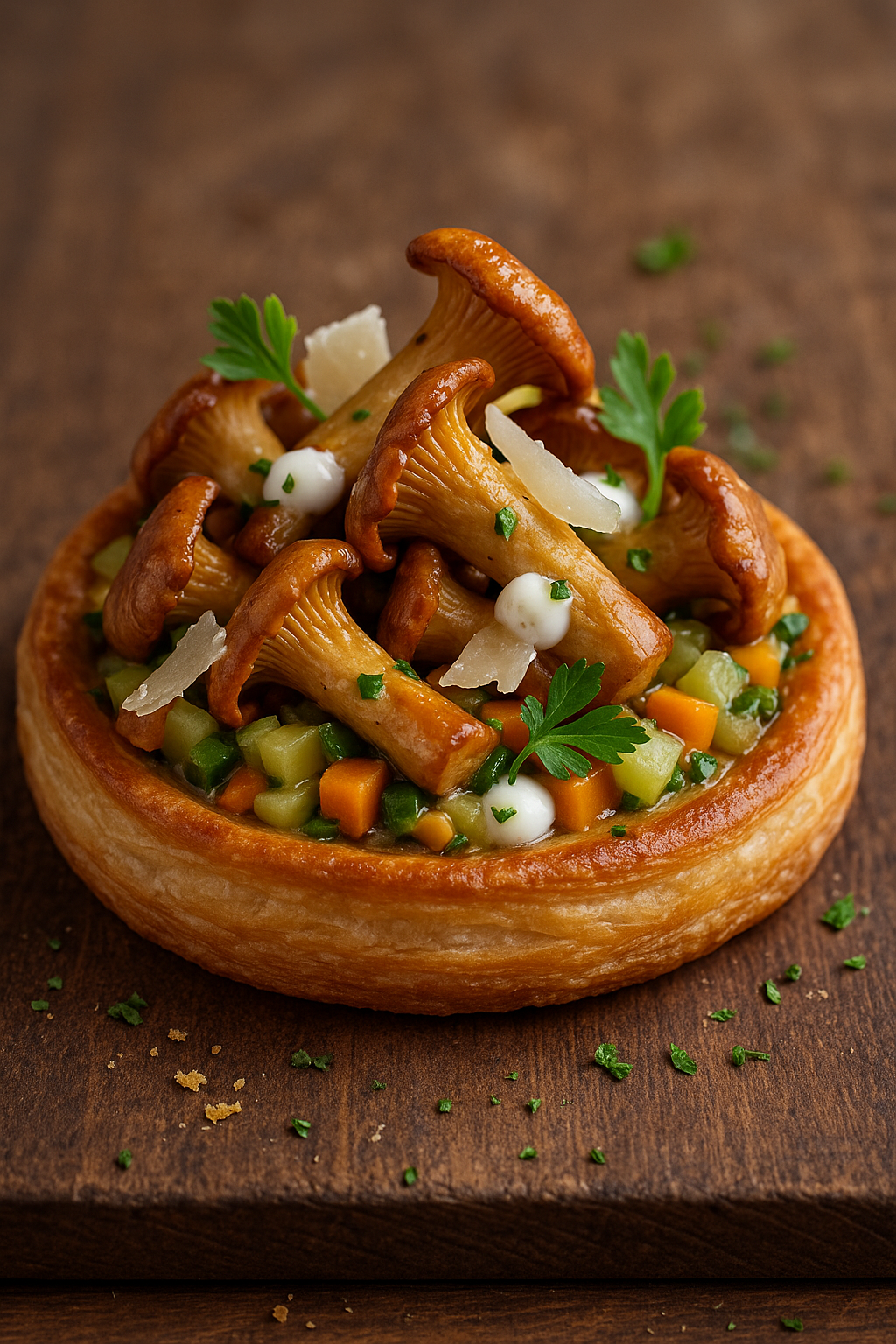 tarte girolles entières et brunoise de légumes