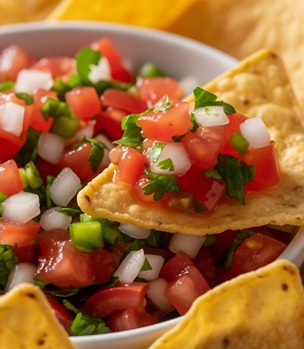 A close-up shot of a white bowl filled with vibrant, chunky pico de gallo salsa, surrounded by golden tortilla chips, with one chip scooping a generous portion.