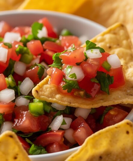 A close-up shot of a white bowl filled with vibrant, chunky pico de gallo salsa, surrounded by golden tortilla chips, with one chip scooping a generous portion.