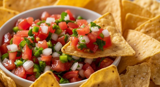 A close-up shot of a white bowl filled with vibrant, chunky pico de gallo salsa, surrounded by golden tortilla chips, with one chip scooping a generous portion.